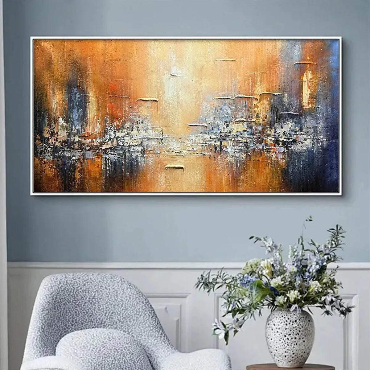 GOLDEN CITY: Textured Abstract Cityscape Painting in Orange and Blue | Abstract mood, soft natural light studio shot
