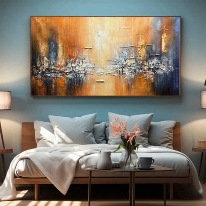 GOLDEN CITY: Textured Abstract Cityscape Painting in Orange and Blue | yellow palette, original oil on stretched canvas art