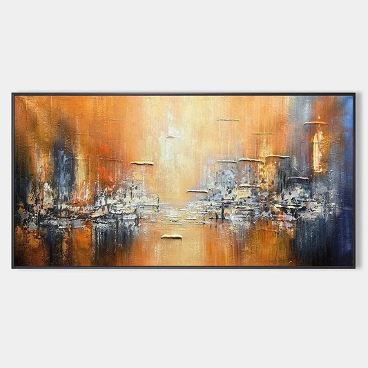 GOLDEN CITY: Textured Abstract Cityscape Painting in Orange and Blue | hanging in living room, Abstract wall art