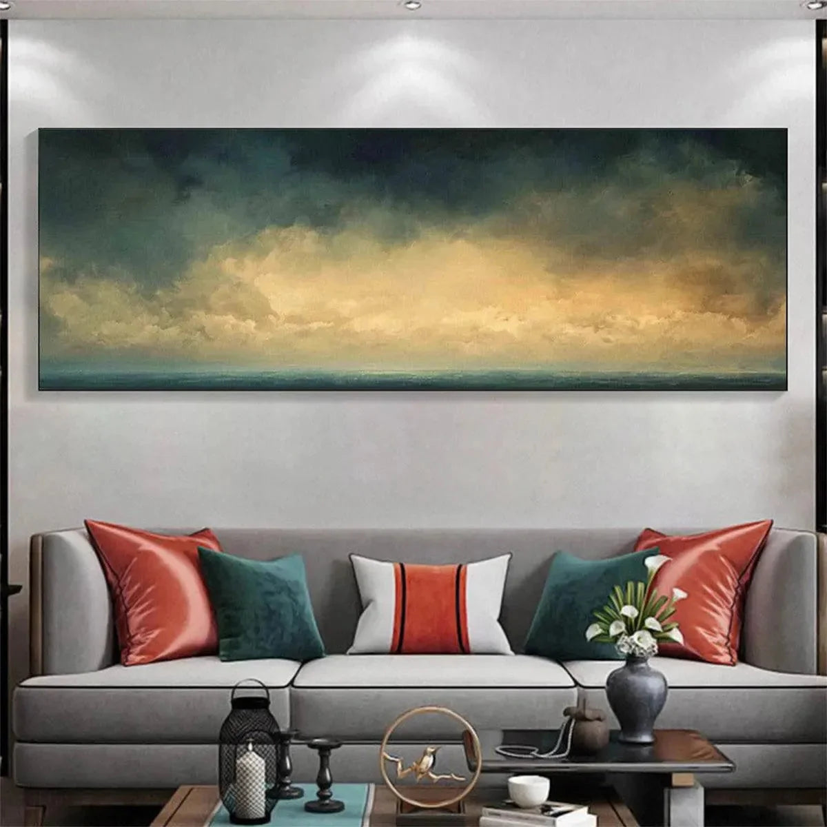 GOLDEN CLOUDS PANORAMIC: Seascape Painting, Panoramic Wall Art, Coastal Decor | Abstract closeup, raised brushwork detail