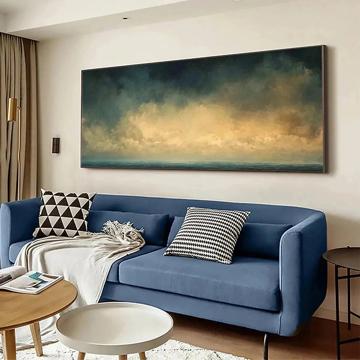 GOLDEN CLOUDS PANORAMIC: Seascape Painting, Panoramic Wall Art, Coastal Decor | gold frame stretched on neutral wall