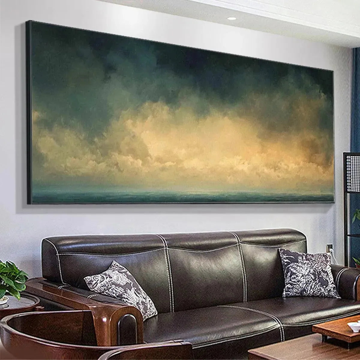 GOLDEN CLOUDS PANORAMIC: Seascape Painting, Panoramic Wall Art, Coastal Decor | rolled canvas, ready for custom framing