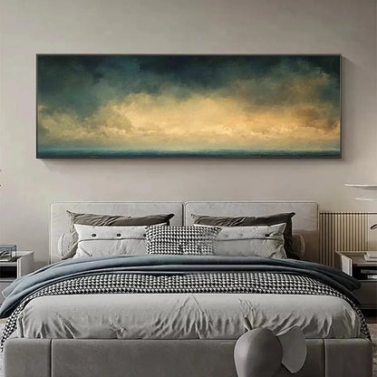GOLDEN CLOUDS PANORAMIC: Seascape Painting, Panoramic Wall Art, Coastal Decor | Abstract mood, soft natural light studio shot