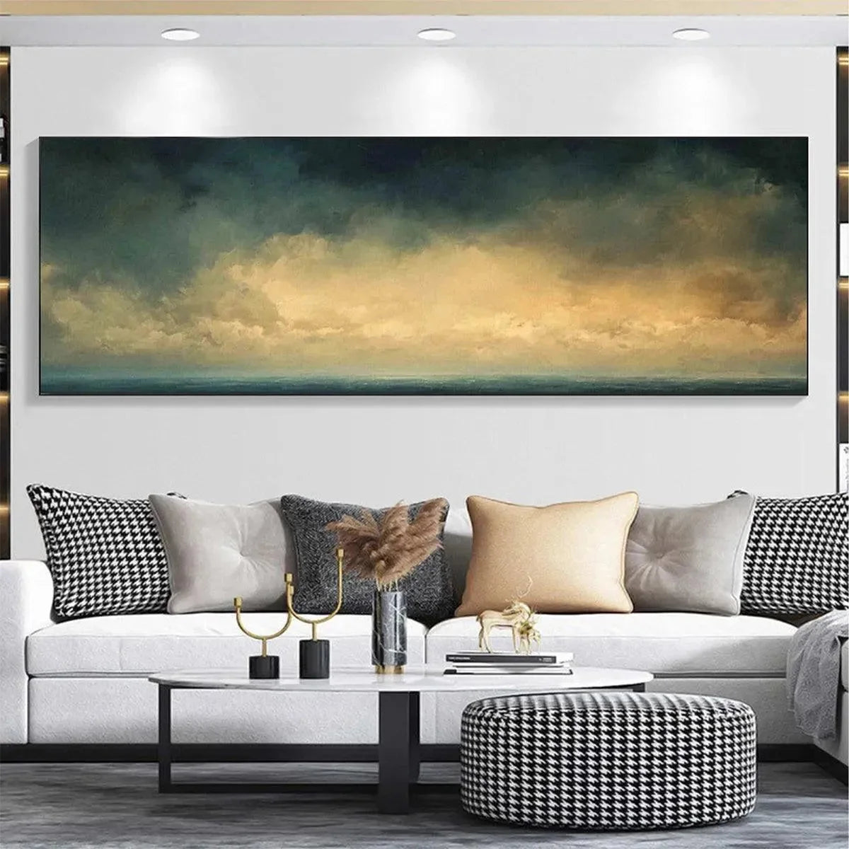 GOLDEN CLOUDS PANORAMIC: Seascape Painting, Panoramic Wall Art, Coastal Decor | yellow palette, original oil on stretched canvas art