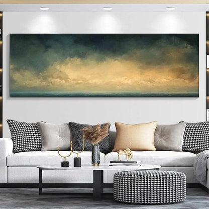 GOLDEN CLOUDS PANORAMIC: Seascape Painting, Panoramic Wall Art, Coastal Decor | yellow palette, original oil on stretched canvas art
