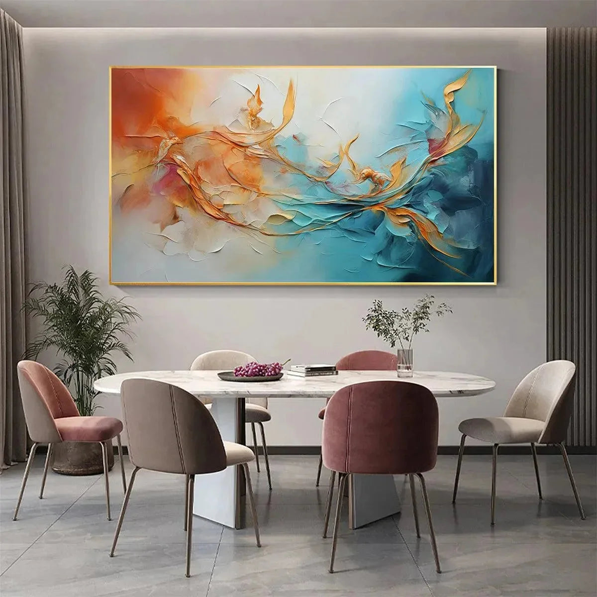 GOLDEN CURRENTS: Panoramic Abstract Teal and Gold Oil Painting | Abstract closeup, raised brushwork detail