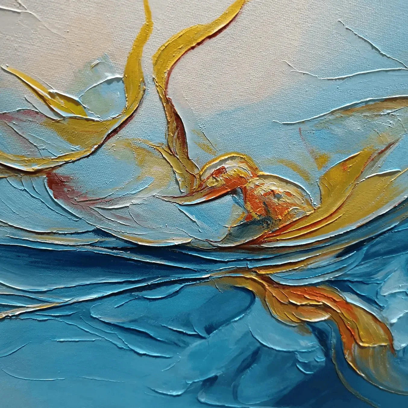 GOLDEN CURRENTS: Panoramic Abstract Teal and Gold Oil Painting | rectangular format, hand-painted canvas edge