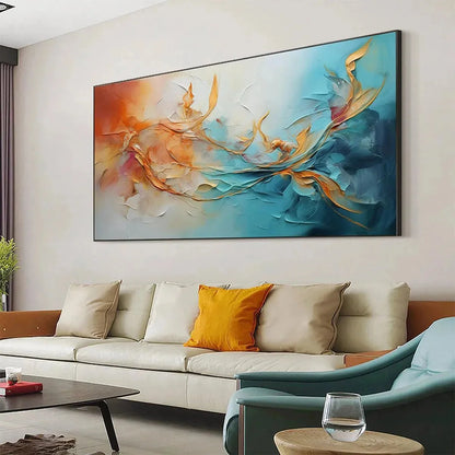 GOLDEN CURRENTS: Panoramic Abstract Teal and Gold Oil Painting | gold frame stretched on neutral wall
