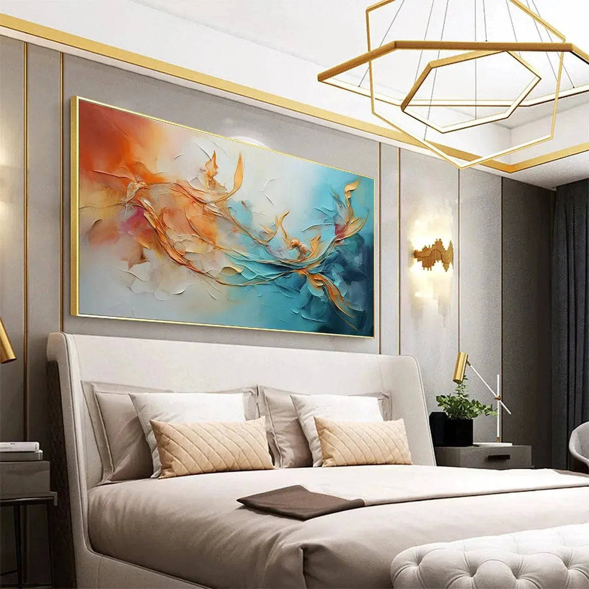 GOLDEN CURRENTS: Panoramic Abstract Teal and Gold Oil Painting | rolled canvas, ready for custom framing