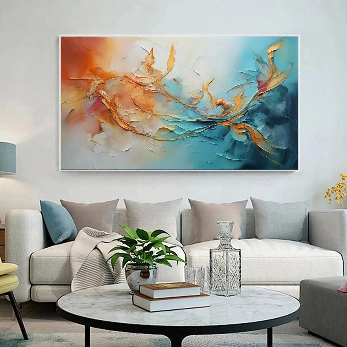GOLDEN CURRENTS: Panoramic Abstract Teal and Gold Oil Painting | black frame version on white wall