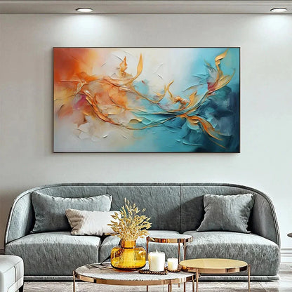 GOLDEN CURRENTS: Panoramic Abstract Teal and Gold Oil Painting | Abstract mood, soft natural light studio shot