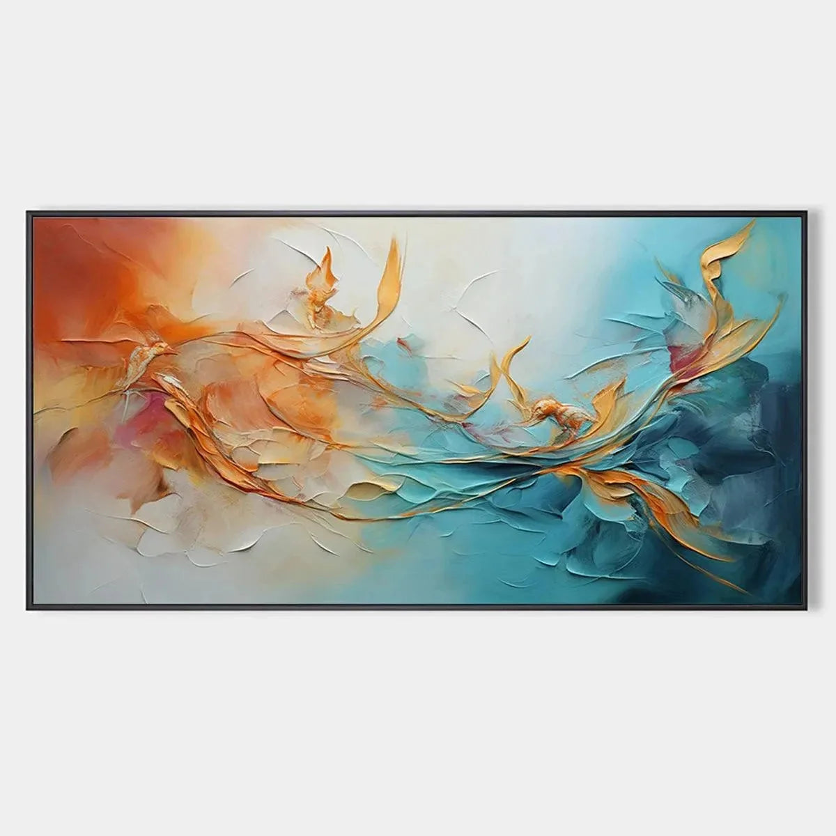 GOLDEN CURRENTS: Panoramic Abstract Teal and Gold Oil Painting | hanging in living room, Abstract wall art