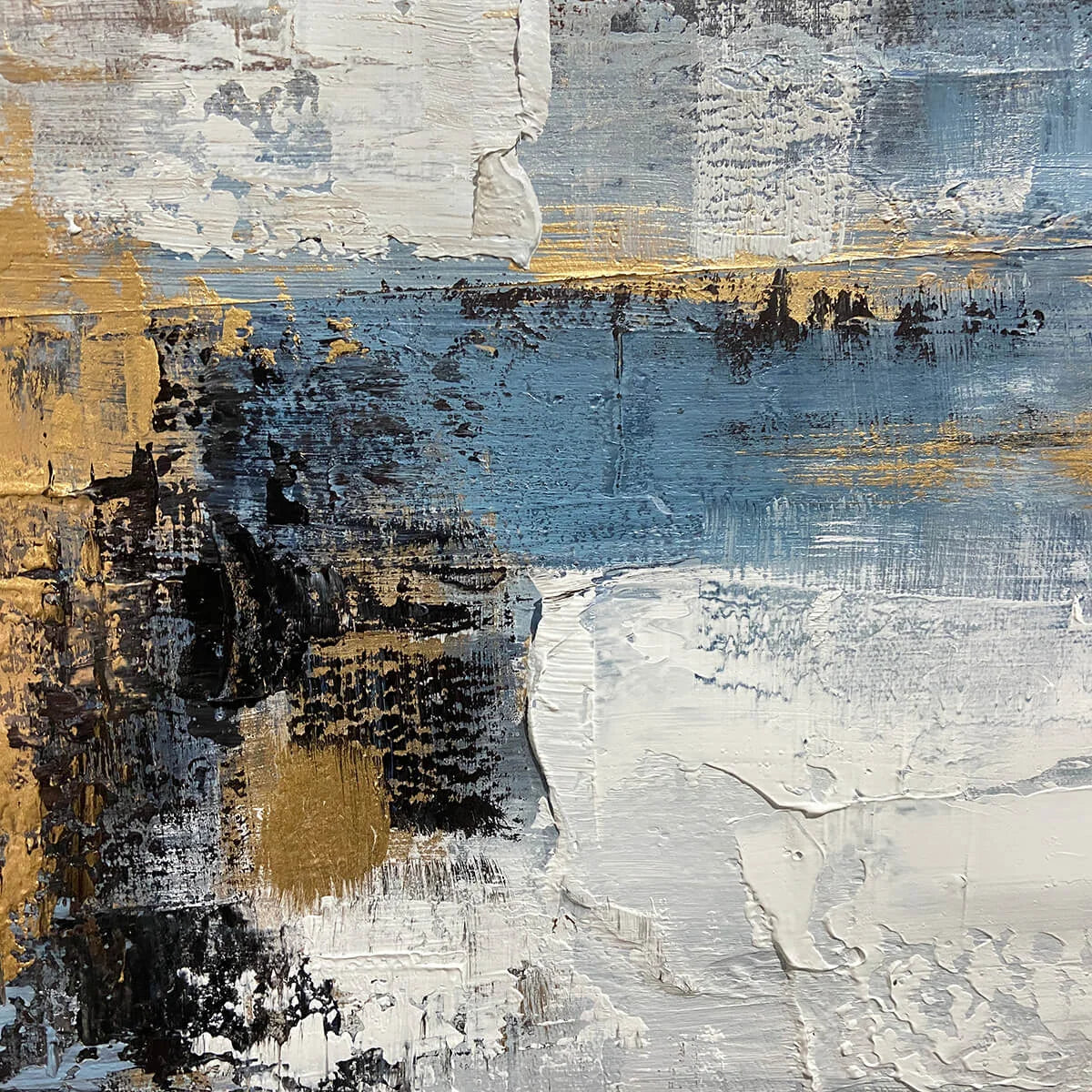 GOLDEN DRIFT: Abstract Blue and Gold Oil Painting | rectangular format, hand-painted canvas edge
