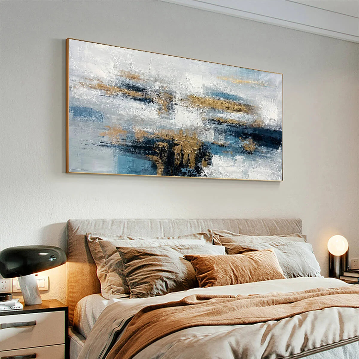 GOLDEN DRIFT: Abstract Blue and Gold Oil Painting | gold frame stretched on neutral wall