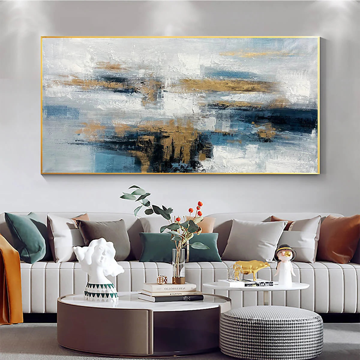 GOLDEN DRIFT: Abstract Blue and Gold Oil Painting | black frame version on white wall