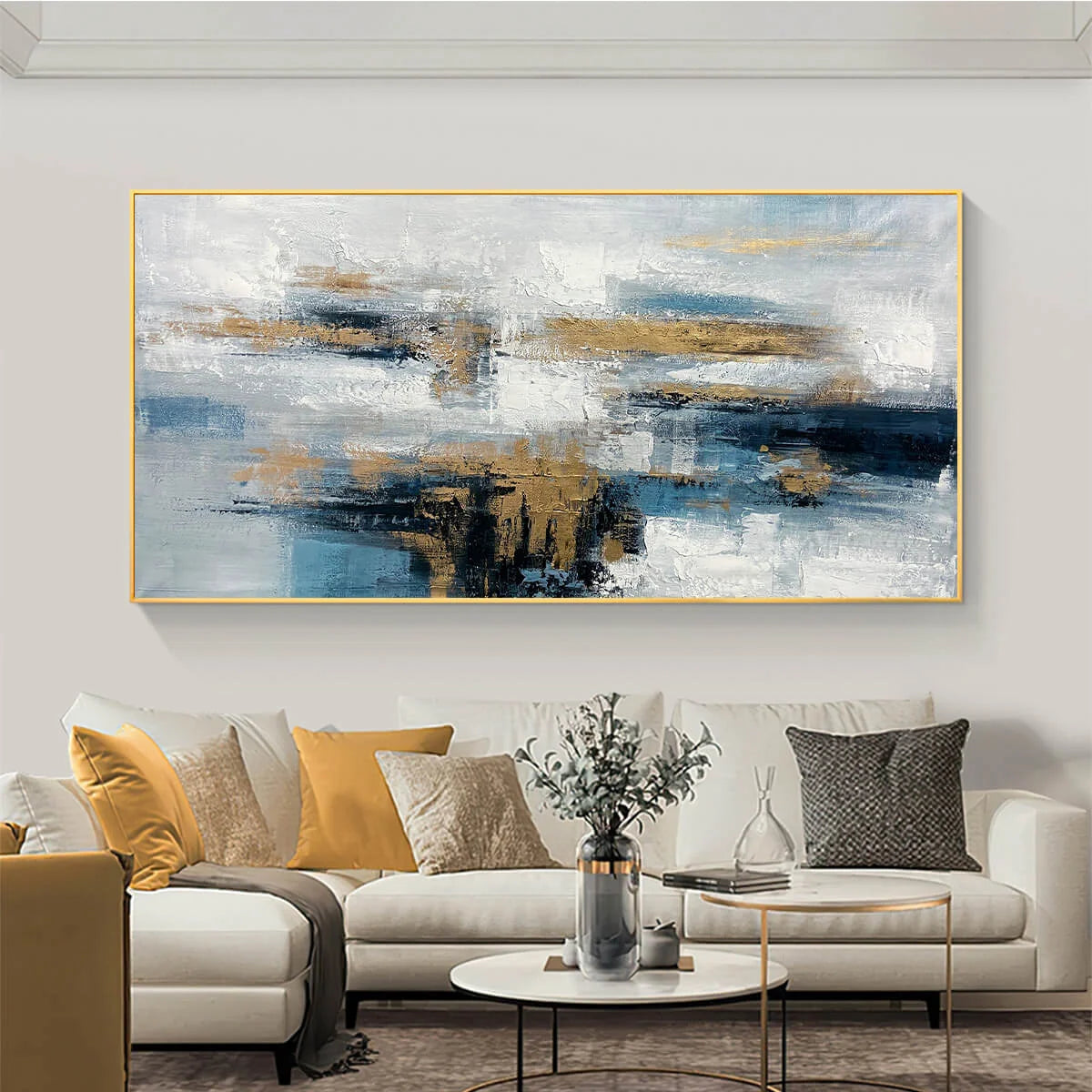 GOLDEN DRIFT: Abstract Blue and Gold Oil Painting | Abstract mood, soft natural light studio shot
