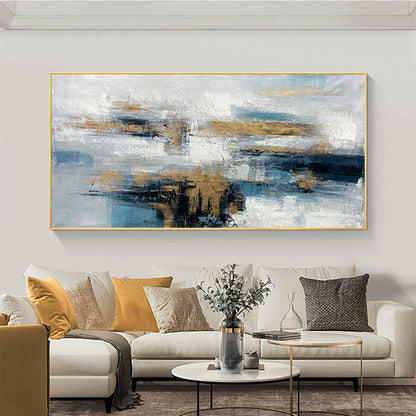 GOLDEN DRIFT: Abstract Blue and Gold Oil Painting | Abstract mood, soft natural light studio shot