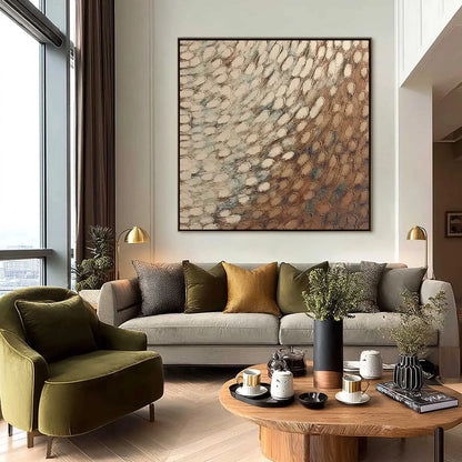GOLDEN DRIFT: Textured Wabi Sabi Abstract Oil Painting | black frame version on white wall
