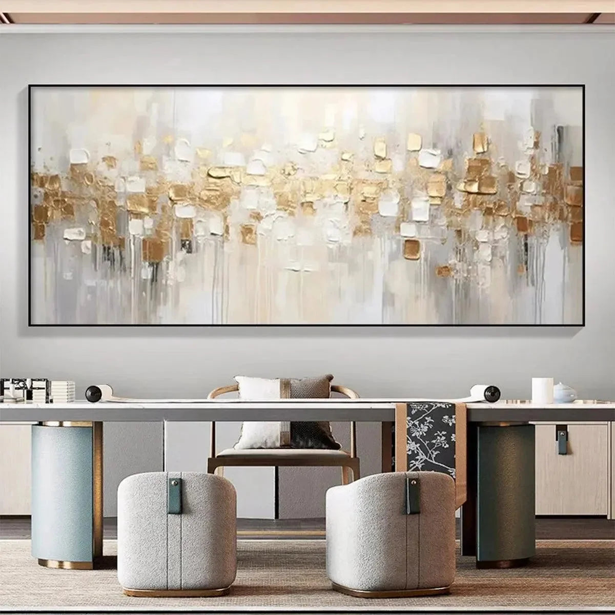 GOLDEN ABSTRACT: Textured Gold and White Abstract Painting | Abstract closeup, raised brushwork detail