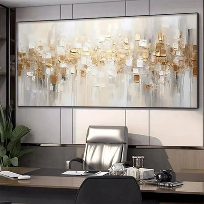 GOLDEN ABSTRACT: Textured Gold and White Abstract Painting | gold frame stretched on neutral wall