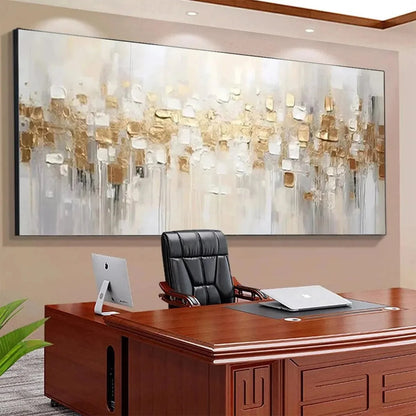 GOLDEN ABSTRACT: Textured Gold and White Abstract Painting | black frame version on white wall