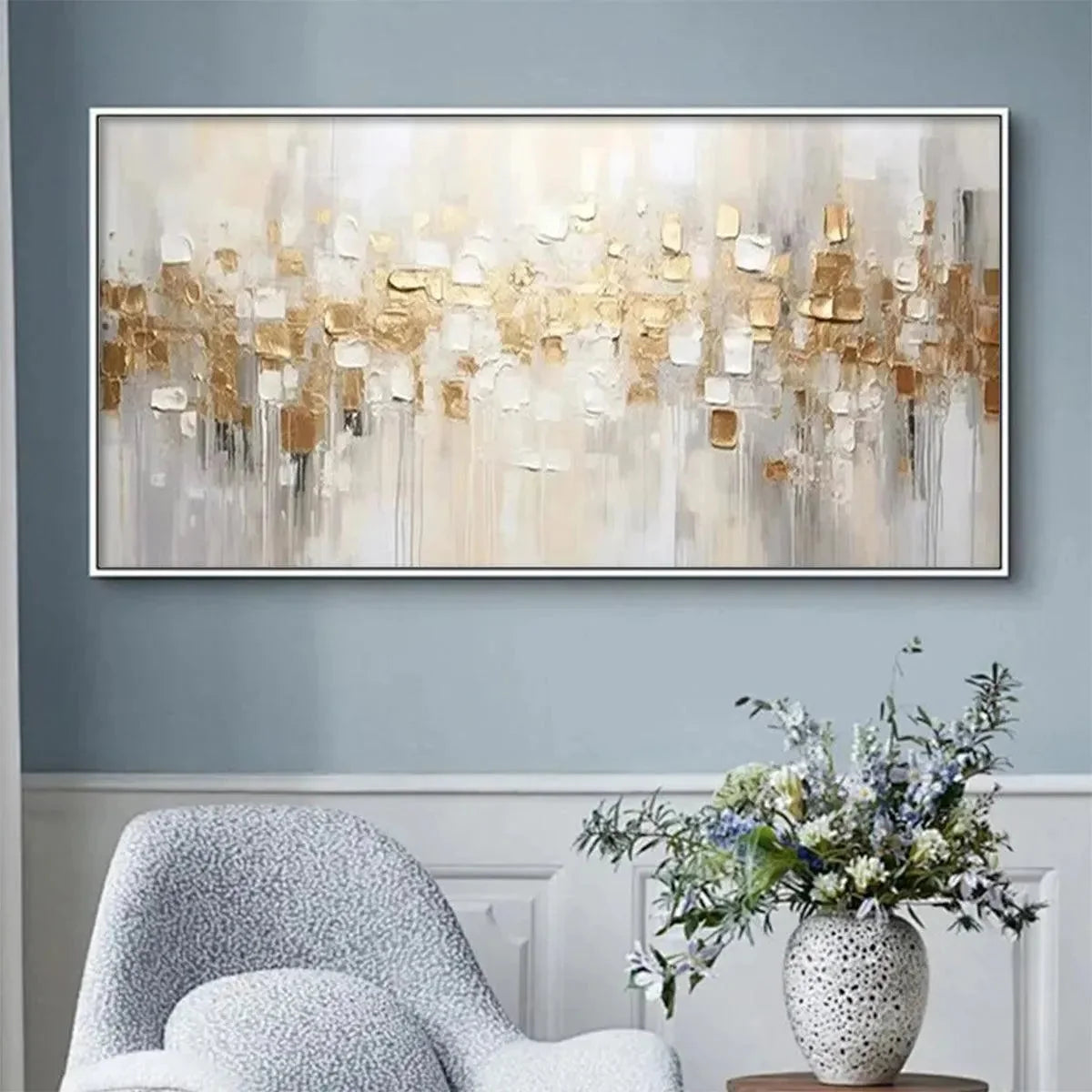 GOLDEN ABSTRACT: Textured Gold and White Abstract Painting | Abstract mood, soft natural light studio shot