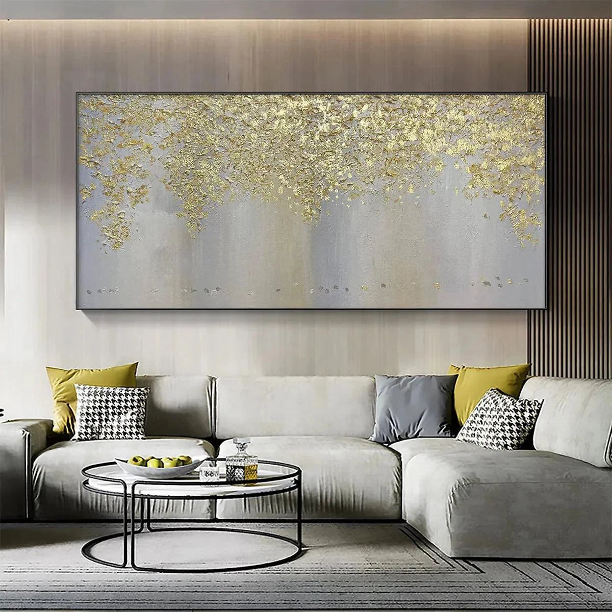 GOLDEN DRIZZLE: Gold Leaf Abstract Painting, Grey and Gold Wall Art, Horizontal Canvas, Modern Decor | Abstract closeup, raised brushwork detail