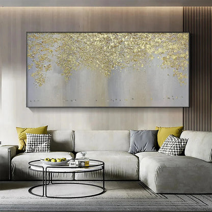 GOLDEN DRIZZLE: Gold Leaf Abstract Painting, Grey and Gold Wall Art, Horizontal Canvas, Modern Decor | Abstract closeup, raised brushwork detail