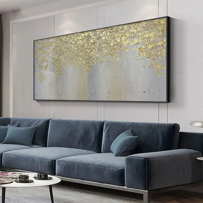 GOLDEN DRIZZLE: Gold Leaf Abstract Painting, Grey and Gold Wall Art, Horizontal Canvas, Modern Decor | gold frame stretched on neutral wall