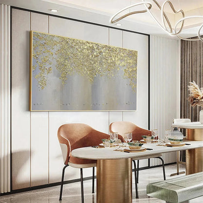 GOLDEN DRIZZLE: Gold Leaf Abstract Painting, Grey and Gold Wall Art, Horizontal Canvas, Modern Decor | black frame version on white wall