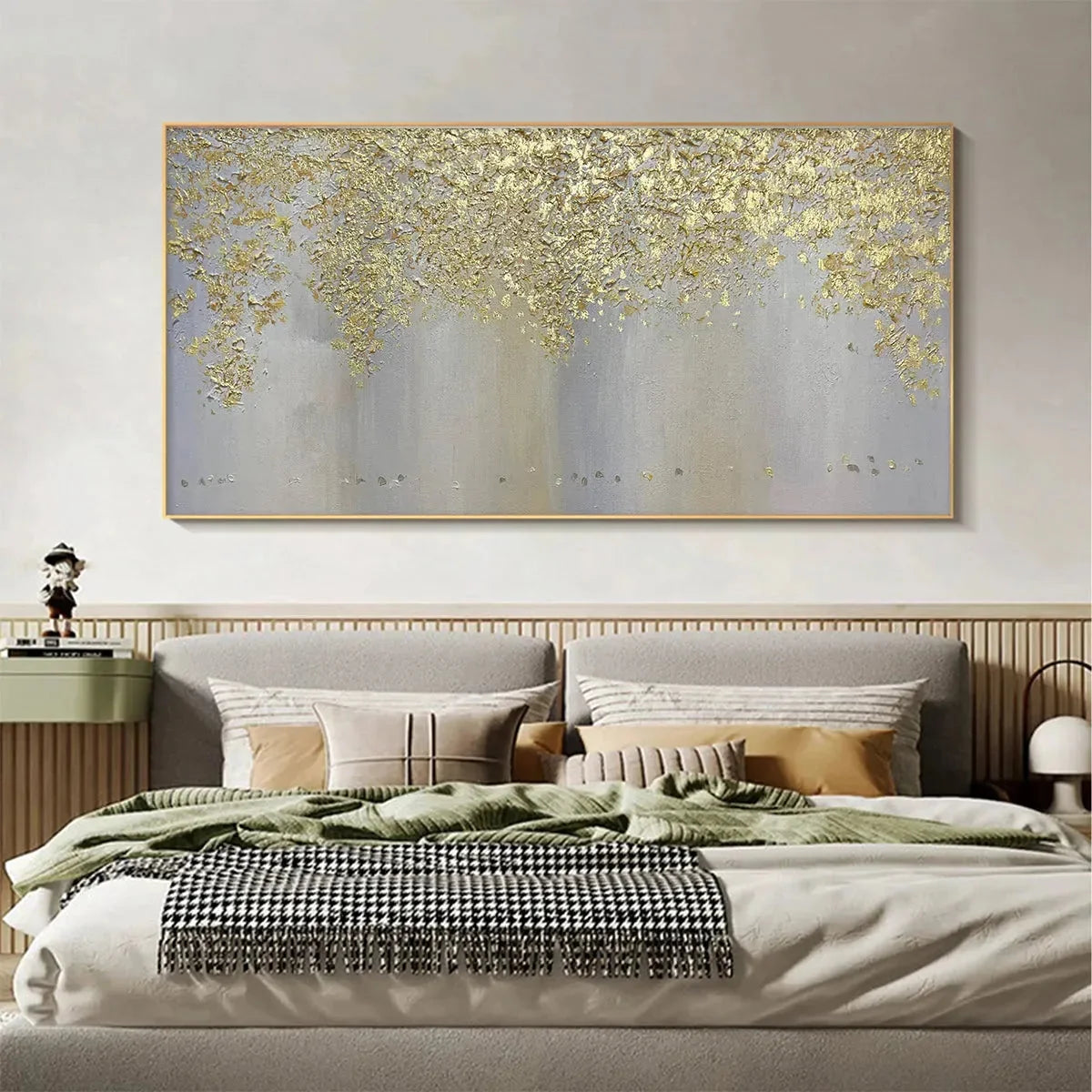 GOLDEN DRIZZLE: Gold Leaf Abstract Painting, Grey and Gold Wall Art, Horizontal Canvas, Modern Decor | Abstract mood, soft natural light studio shot