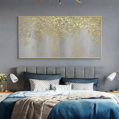 GOLDEN DRIZZLE: Gold Leaf Abstract Painting, Grey and Gold Wall Art, Horizontal Canvas, Modern Decor | yellow palette, original oil on stretched canvas art