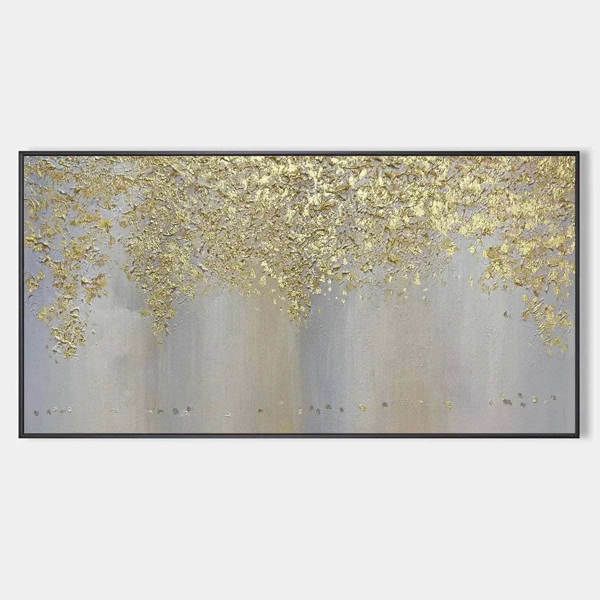 GOLDEN DRIZZLE: Gold Leaf Abstract Painting, Grey and Gold Wall Art, Horizontal Canvas, Modern Decor | hanging in living room, Abstract wall art