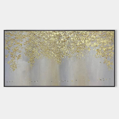 GOLDEN DRIZZLE: Gold Leaf Abstract Painting, Grey and Gold Wall Art, Horizontal Canvas, Modern Decor | hanging in living room, Abstract wall art