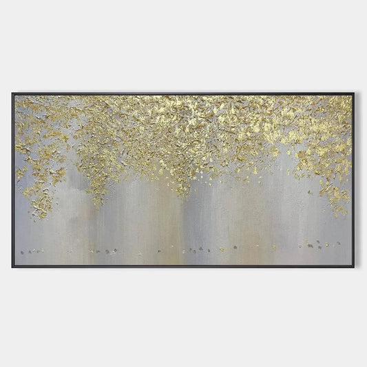 GOLDEN DRIZZLE: Gold Leaf Abstract Painting, Grey and Gold Wall Art, Horizontal Canvas, Modern Decor | hanging in living room, Abstract wall art