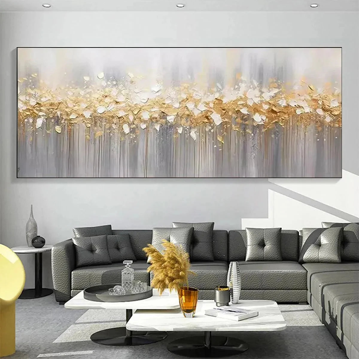 GOLDEN DRIZZLE: Textured Abstract Painting, Gold and Grey Wall Art, Panoramic Canvas, Modern Decor | rectangular format, hand-painted canvas edge
