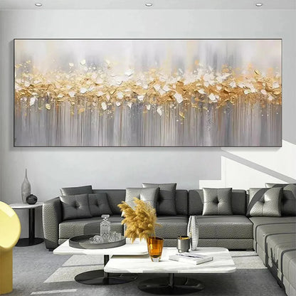 GOLDEN DRIZZLE: Textured Abstract Painting, Gold and Grey Wall Art, Panoramic Canvas, Modern Decor | rectangular format, hand-painted canvas edge