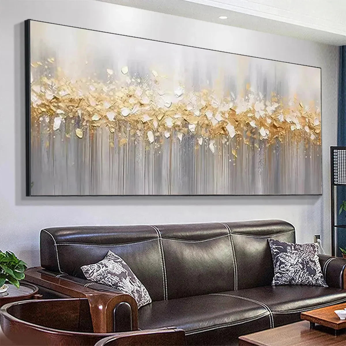 GOLDEN DRIZZLE: Textured Abstract Painting, Gold and Grey Wall Art, Panoramic Canvas, Modern Decor | gold frame stretched on neutral wall