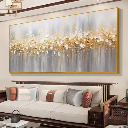 GOLDEN DRIZZLE: Textured Abstract Painting, Gold and Grey Wall Art, Panoramic Canvas, Modern Decor | rolled canvas, ready for custom framing