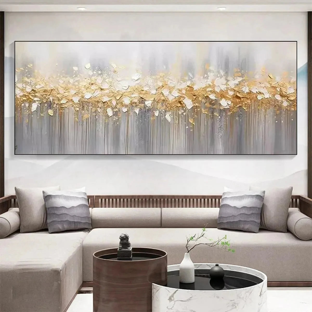 GOLDEN DRIZZLE: Textured Abstract Painting, Gold and Grey Wall Art, Panoramic Canvas, Modern Decor | black frame version on white wall