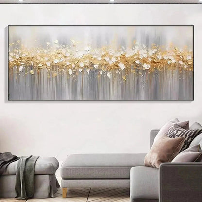 GOLDEN DRIZZLE: Textured Abstract Painting, Gold and Grey Wall Art, Panoramic Canvas, Modern Decor | Abstract mood, soft natural light studio shot