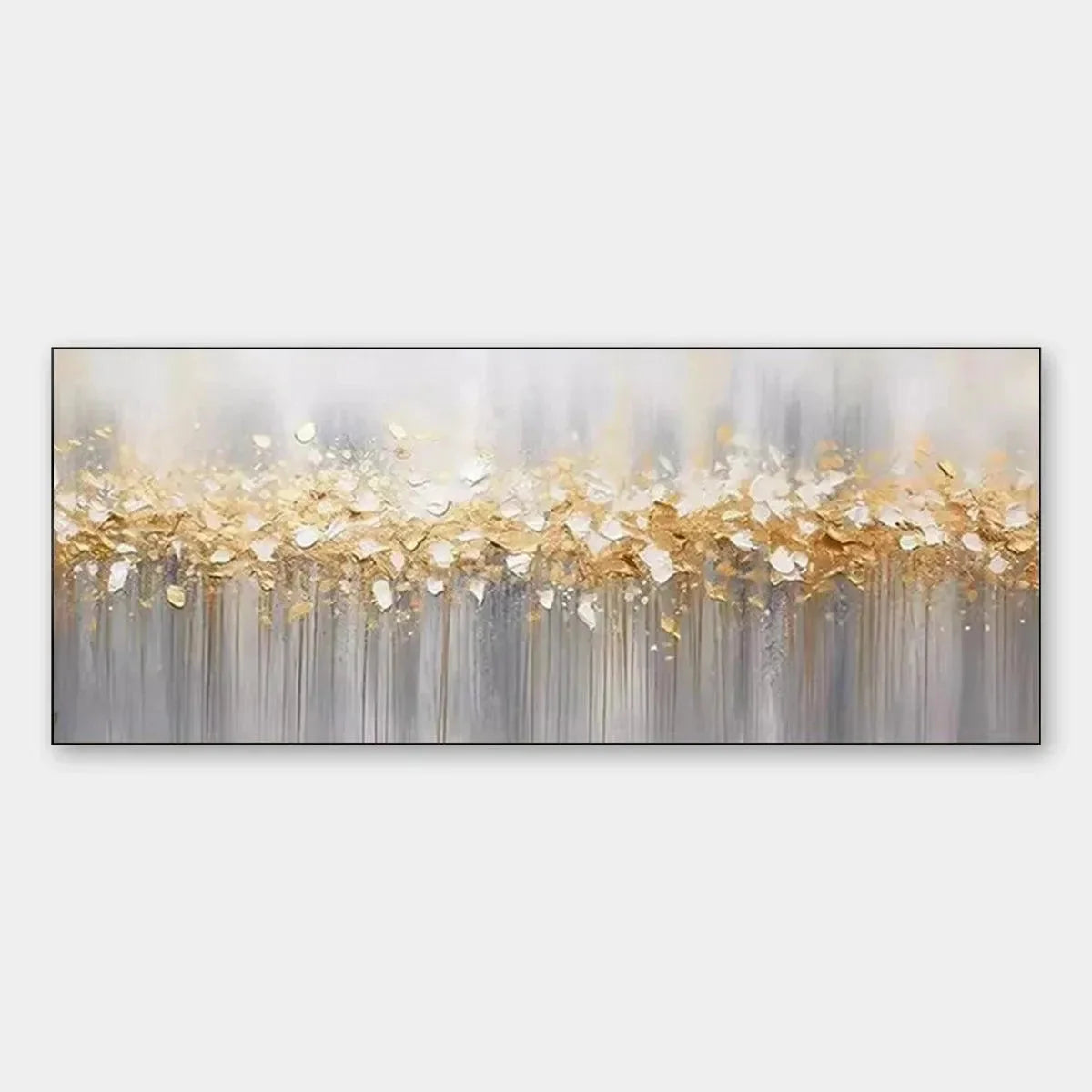 GOLDEN DRIZZLE: Textured Abstract Painting, Gold and Grey Wall Art, Panoramic Canvas, Modern Decor | hanging in living room, Abstract wall art