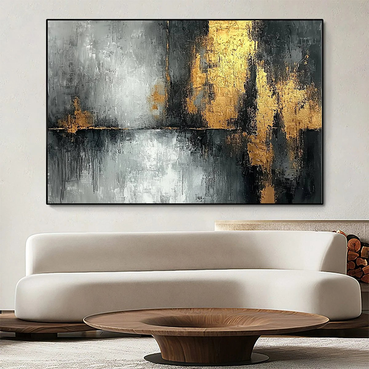 GOLDEN EMBRACE: Textured Abstract Oil Painting | gold frame stretched on neutral wall