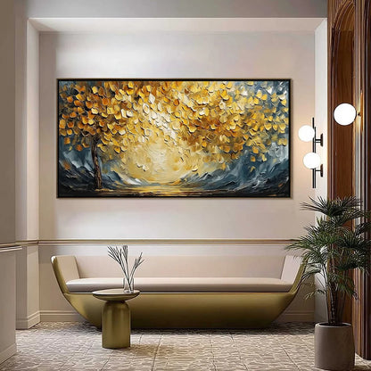 GOLDEN EMBRACE: Textured Golden Leaf Tree Impasto Landscape Painting | Landscape closeup, raised brushwork detail