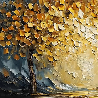 GOLDEN EMBRACE: Textured Golden Leaf Tree Impasto Landscape Painting | rectangular format, hand-painted canvas edge