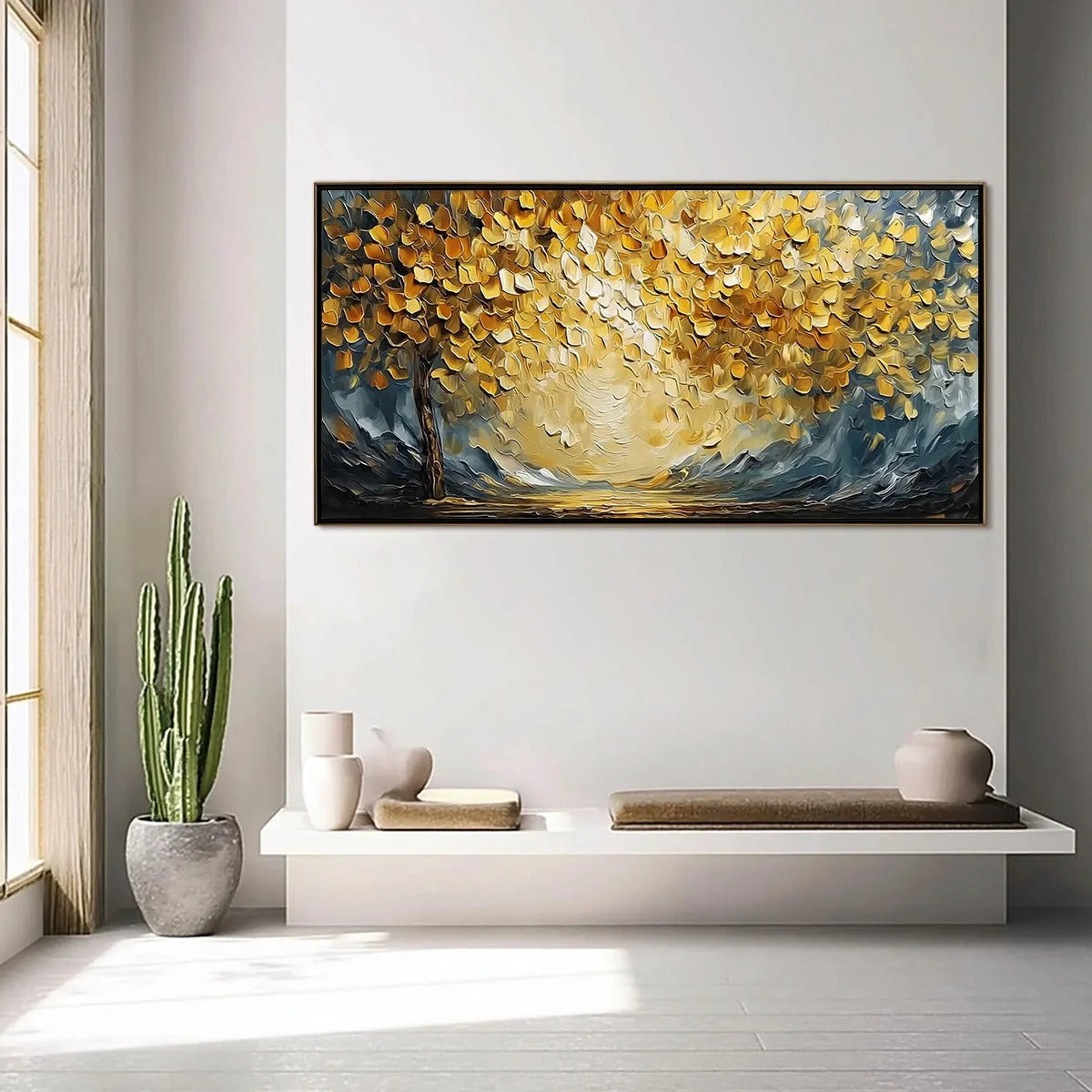 GOLDEN EMBRACE: Textured Golden Leaf Tree Impasto Landscape Painting | gold frame stretched on neutral wall