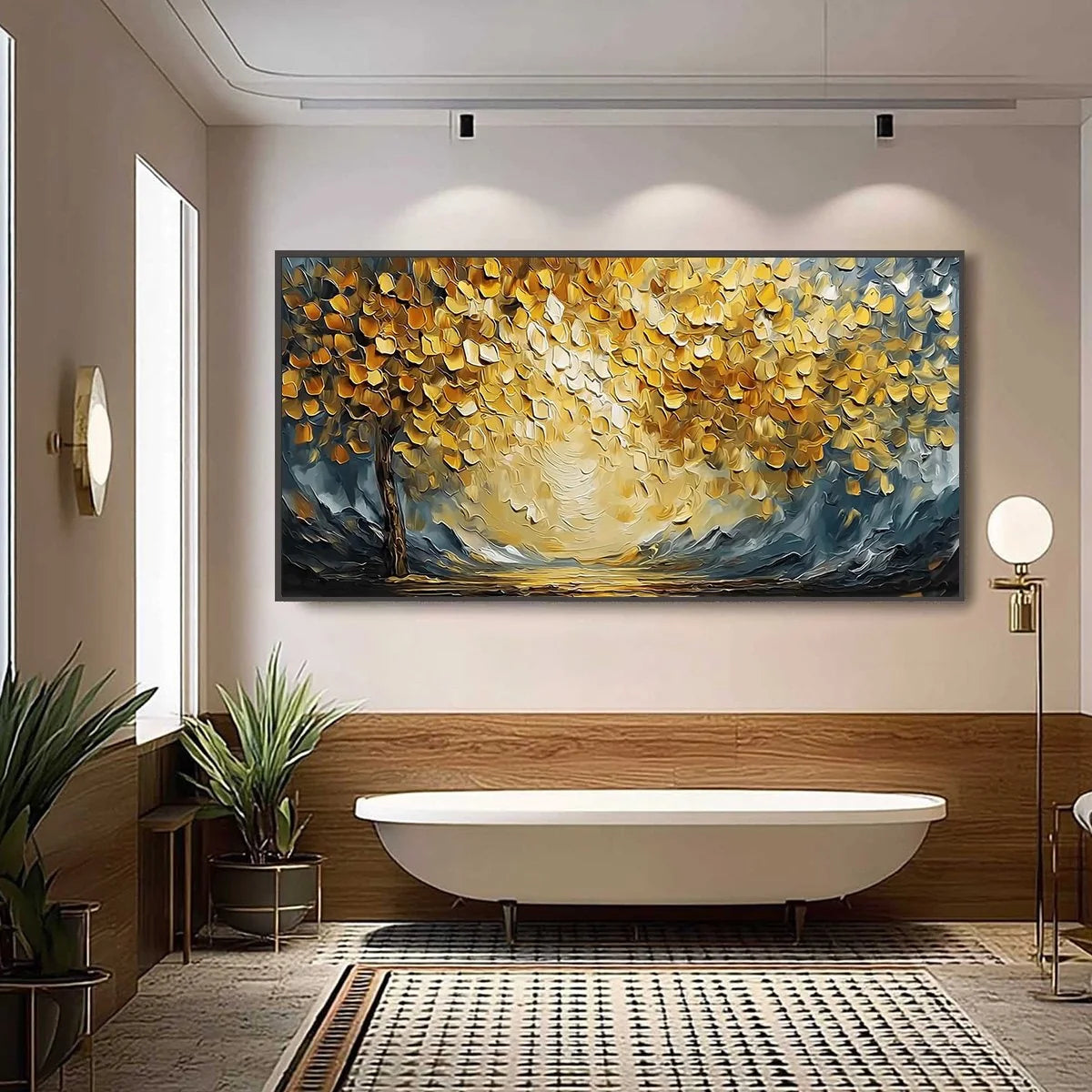 GOLDEN EMBRACE: Textured Golden Leaf Tree Impasto Landscape Painting | black frame version on white wall