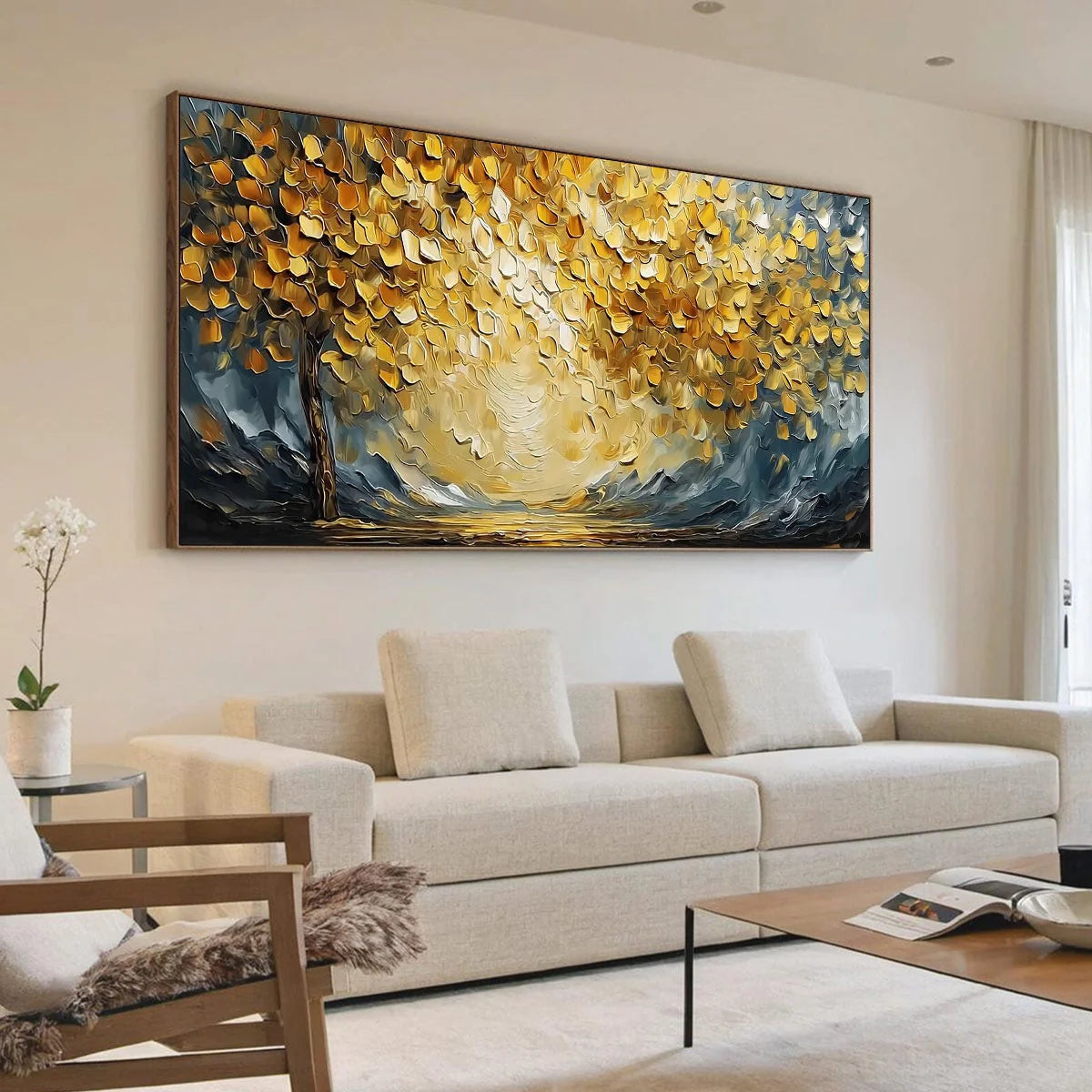GOLDEN EMBRACE: Textured Golden Leaf Tree Impasto Landscape Painting | Landscape mood, soft natural light studio shot