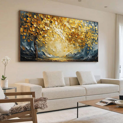 GOLDEN EMBRACE: Textured Golden Leaf Tree Impasto Landscape Painting | Landscape mood, soft natural light studio shot