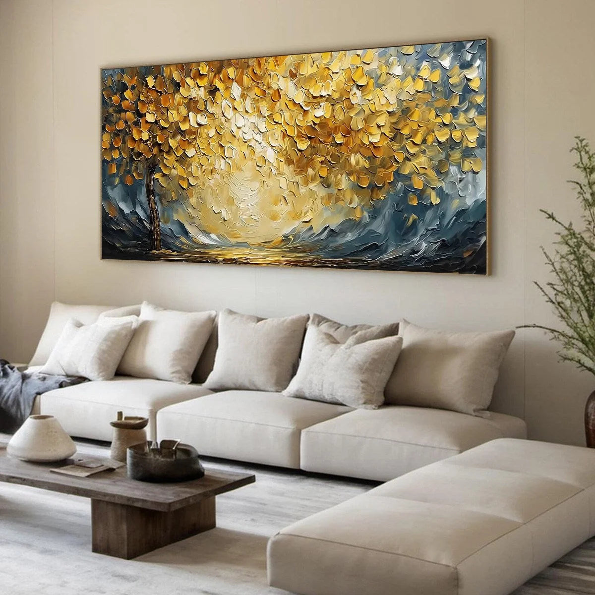 GOLDEN EMBRACE: Textured Golden Leaf Tree Impasto Landscape Painting | yellow palette, original oil on stretched canvas art